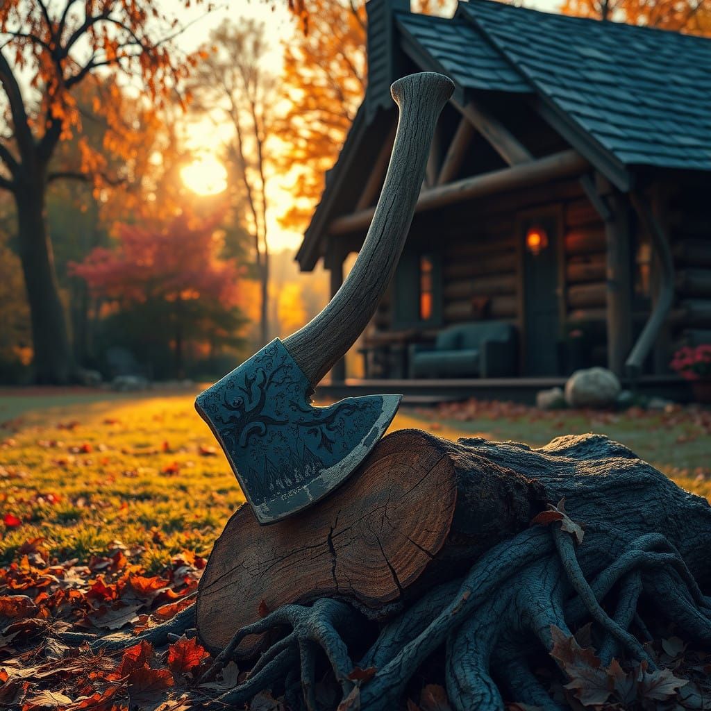 Weathered Axe in Autumnal Cabin Yard
