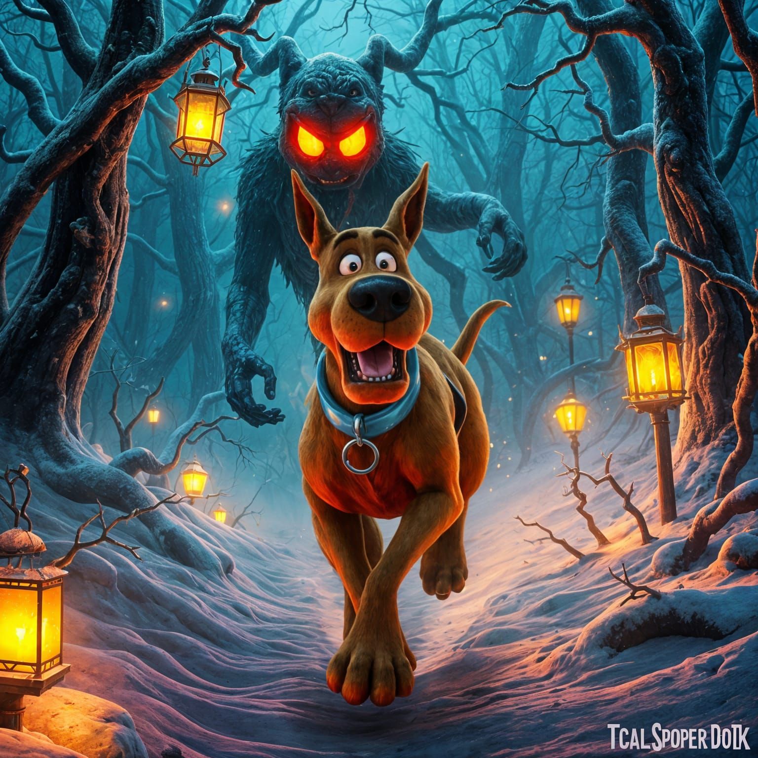 Scooby Doo Fleeing a Fiendish Creature in a Haunting Winter ...