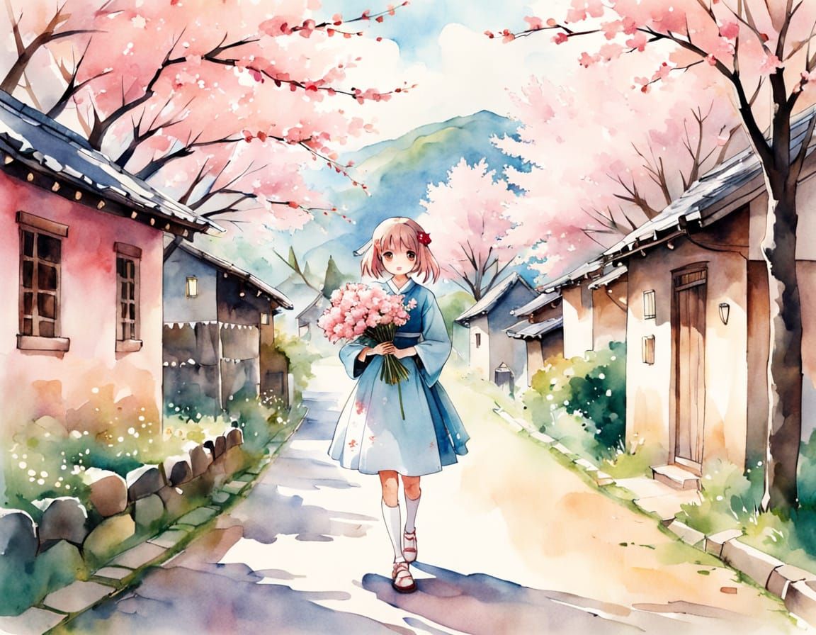 Whimsical Anime Village Scene with Cherry Blossoms
