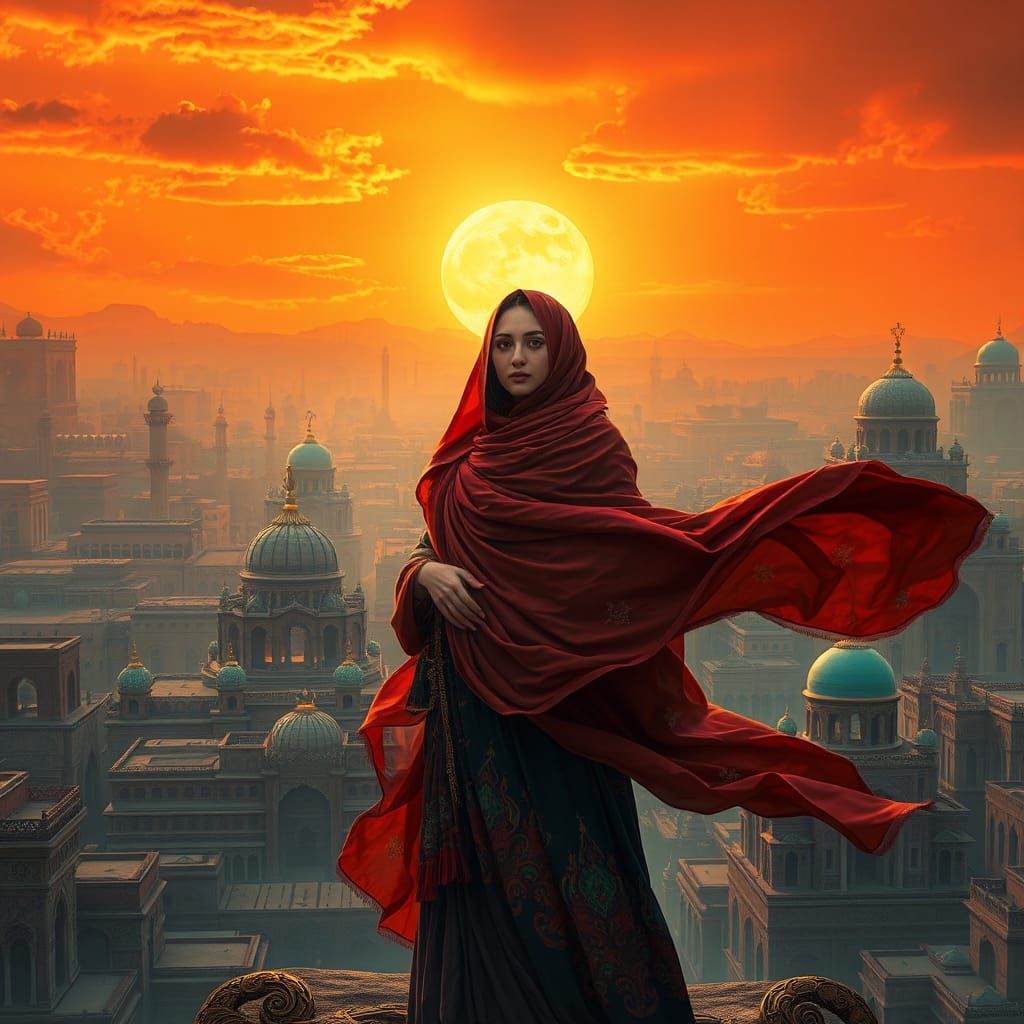 Persian Woman's Defiance in Mystical Iranian Cityscape