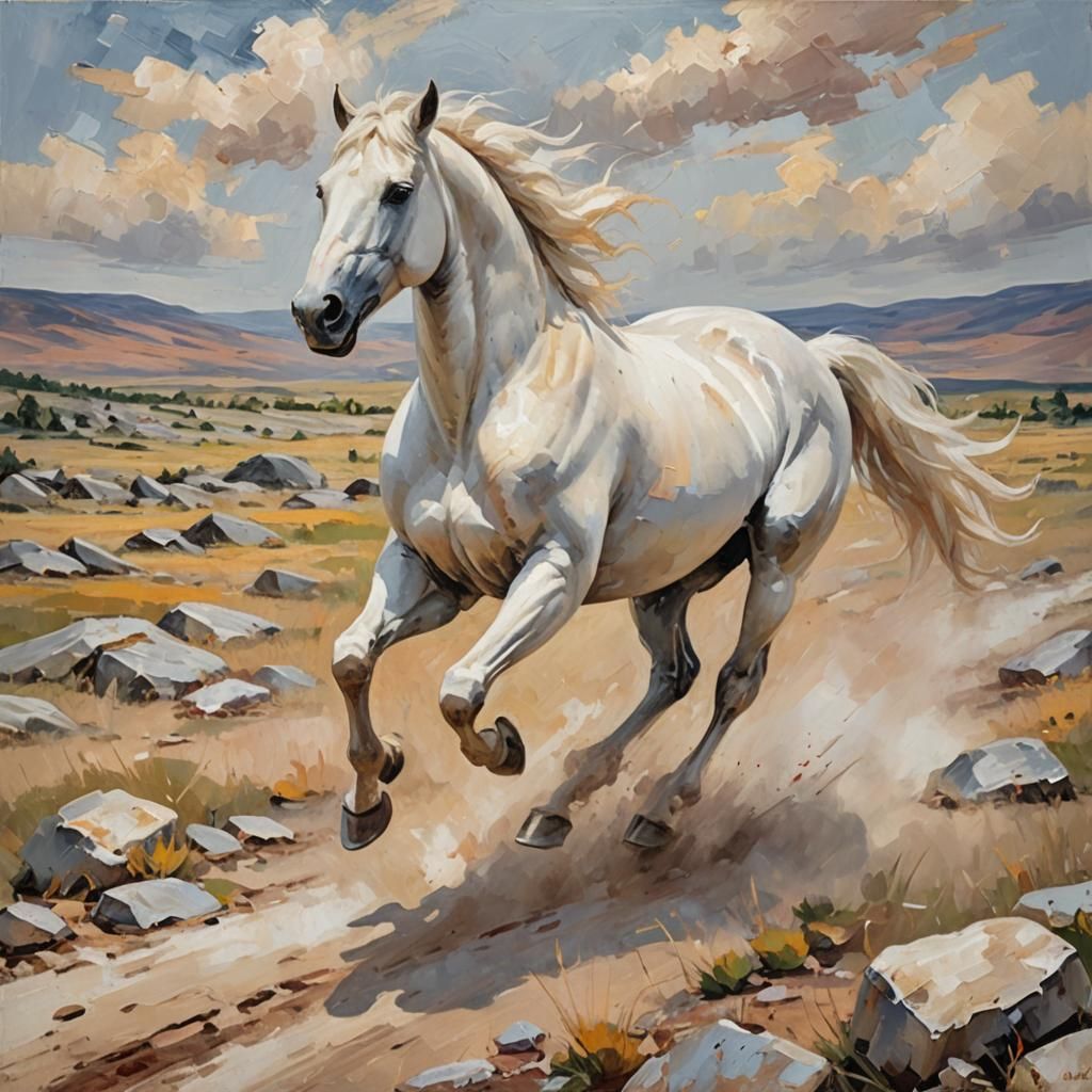 White Horse Galloping: Neo-Impressionist Oil Painting