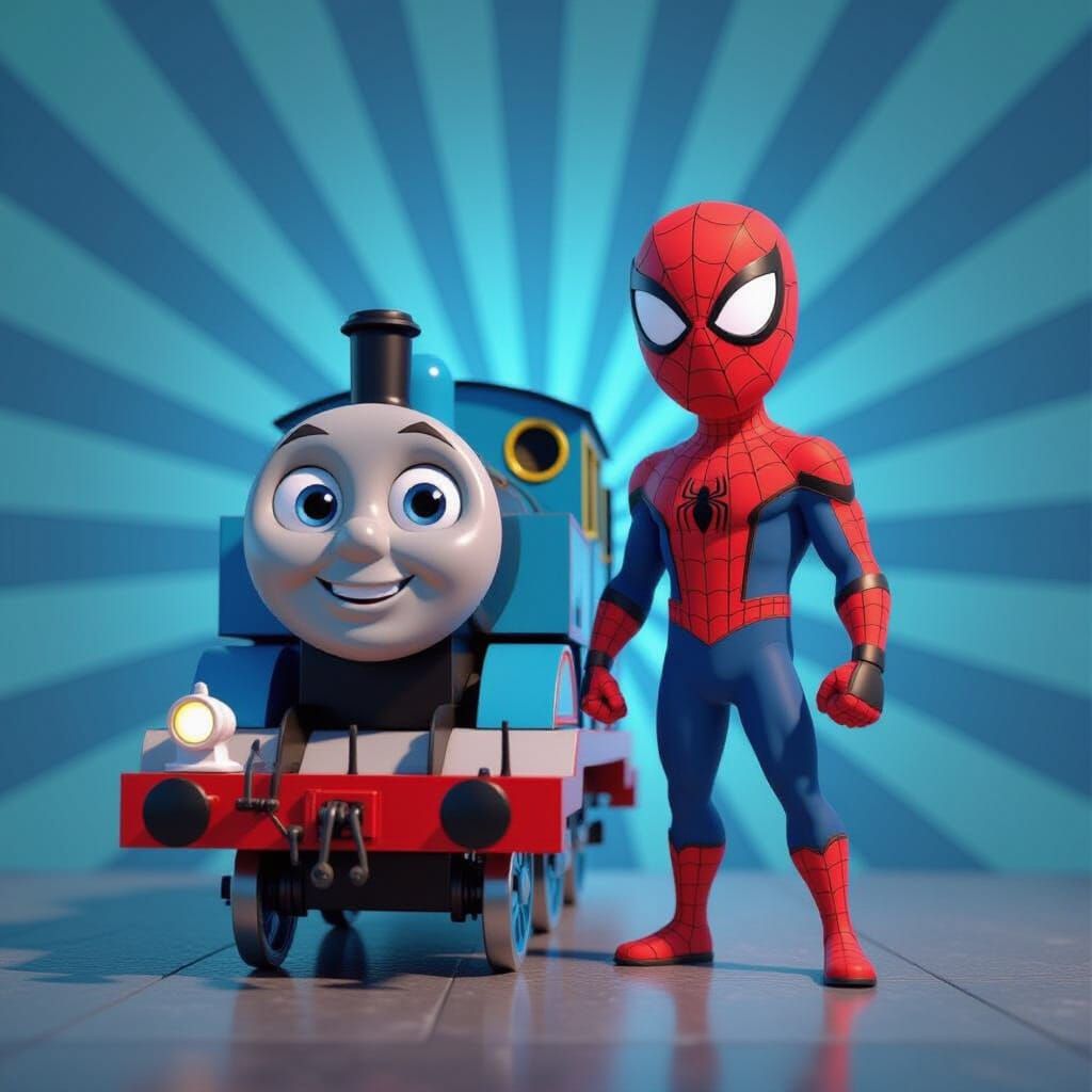 Thomas and Spider-Man in Pixar-style 3D Art
