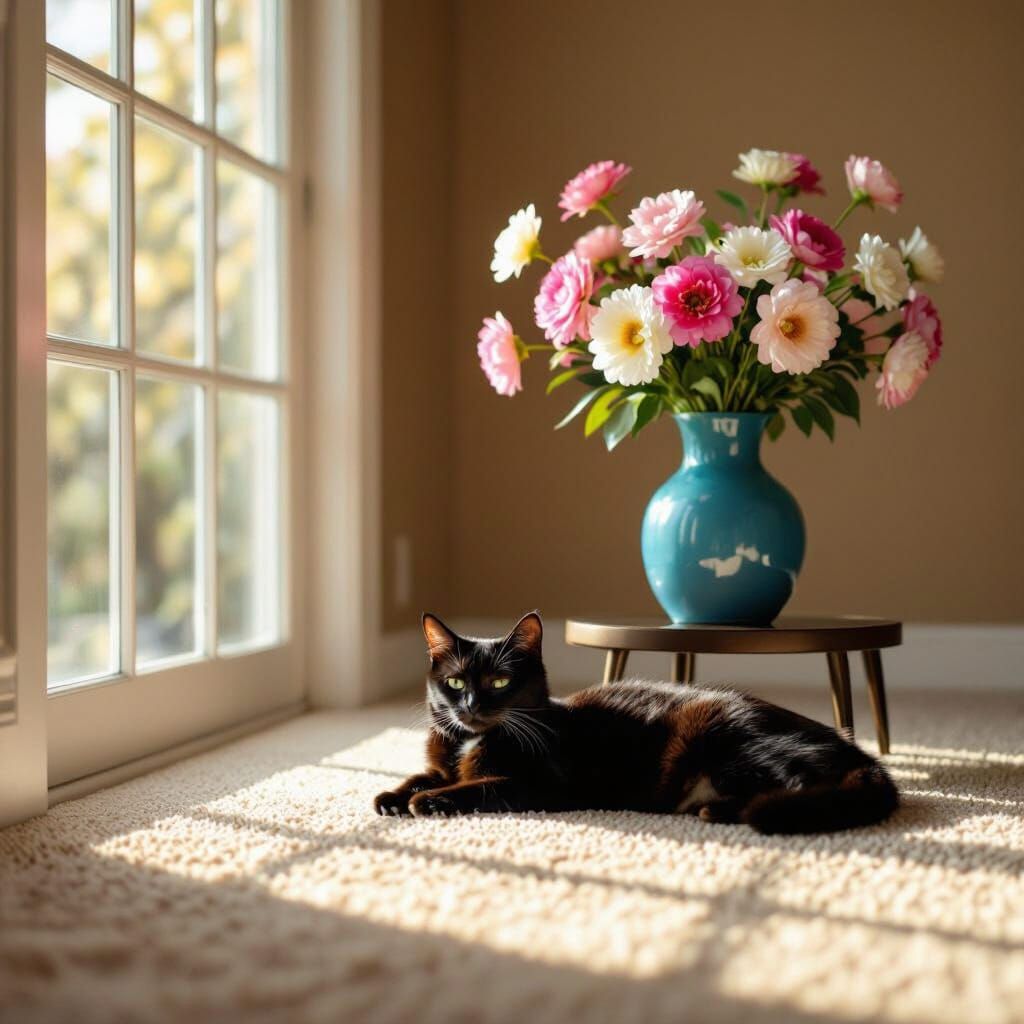 Cozy Room with Black Cat Basking in Golden Hour Sunlight