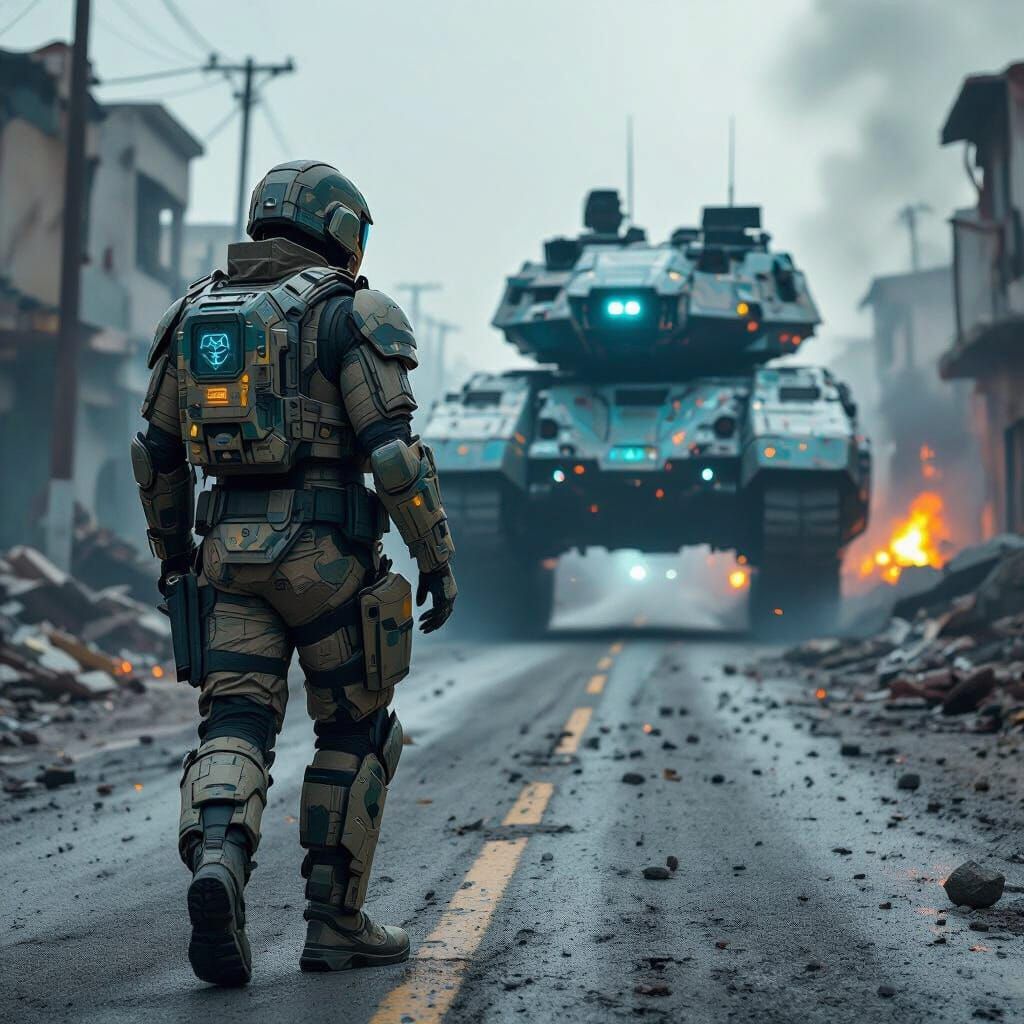 Futuristic Soldier and Colossal Tanks in Sci-Fi Ruins
