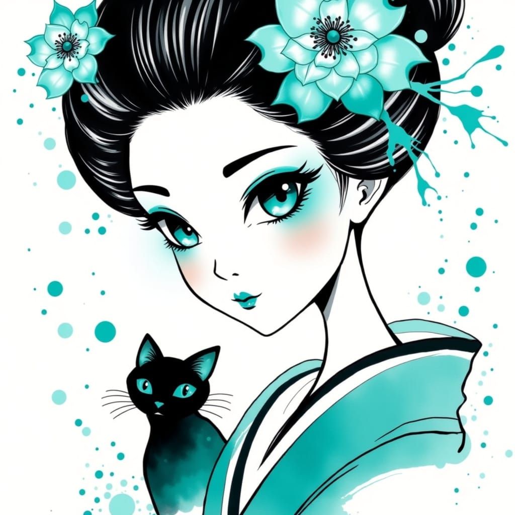 Cyber-Samurai Geisha in Whimsical Sumi-E Style