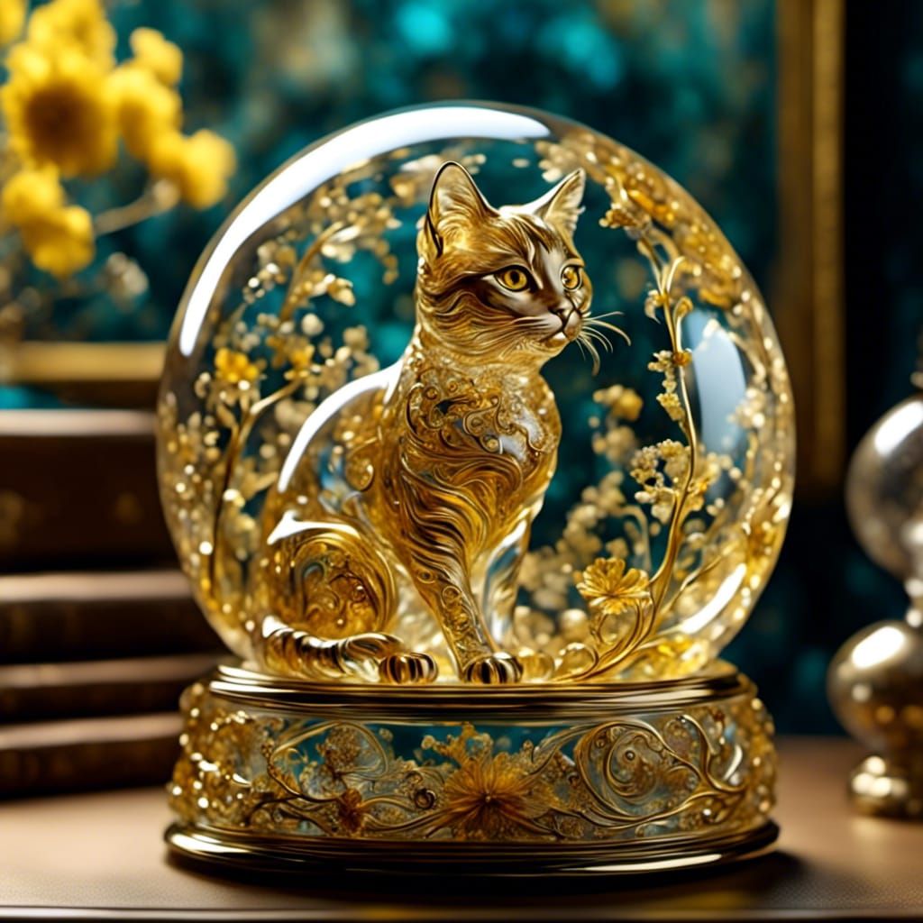 Gold Filigree Tabby Cat in Glass Globe