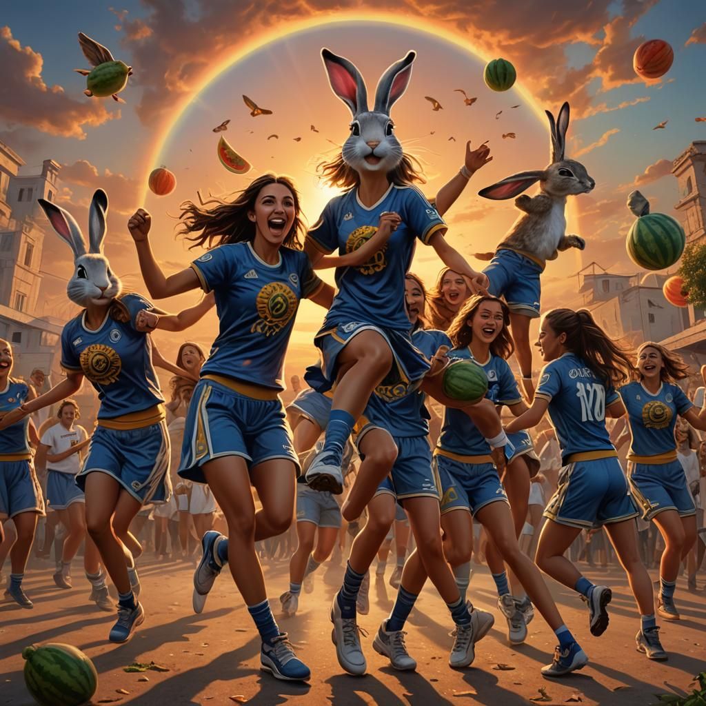 Surrealist Female Rabbit Team Celebrates Victory