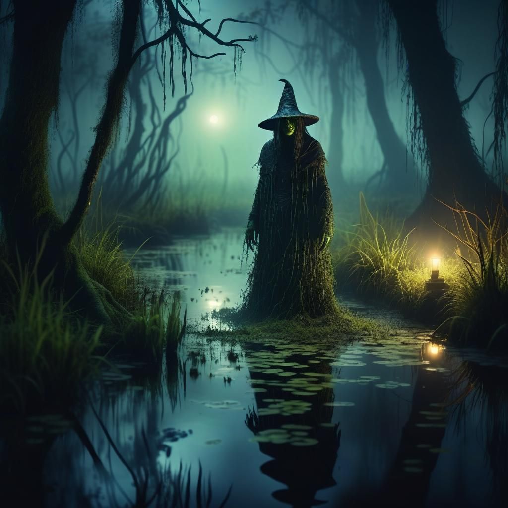 Mysterious Swamp Witch Amidst Darkened Vines