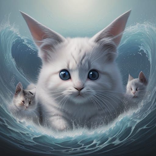 Surreal Wave Sweeps Kittens and Rabbits in Expressive Oil Pa...