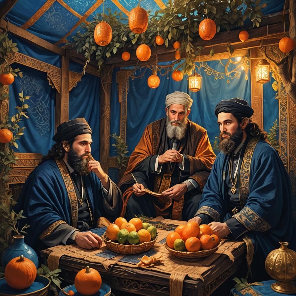 Orthodox Jewish Men in Sukkah with Lulav and Etrog