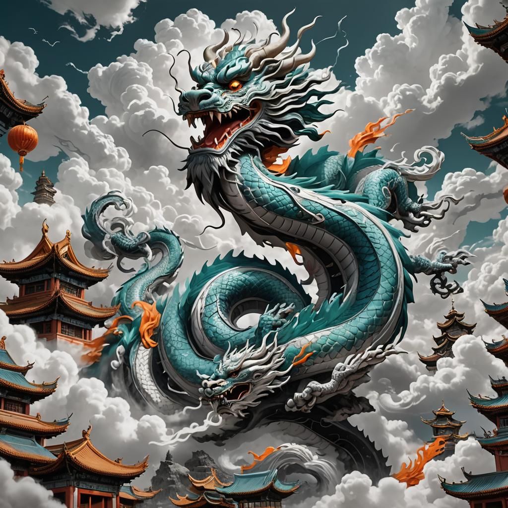 Chinese Dragon Soaring Over Ancient Lands