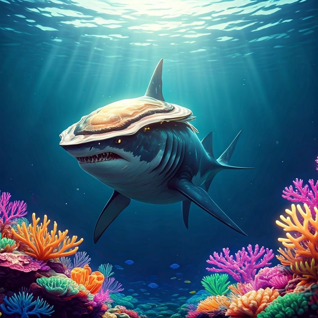 Shark-Oyster Hybrid in Illuminated Ocean Depths