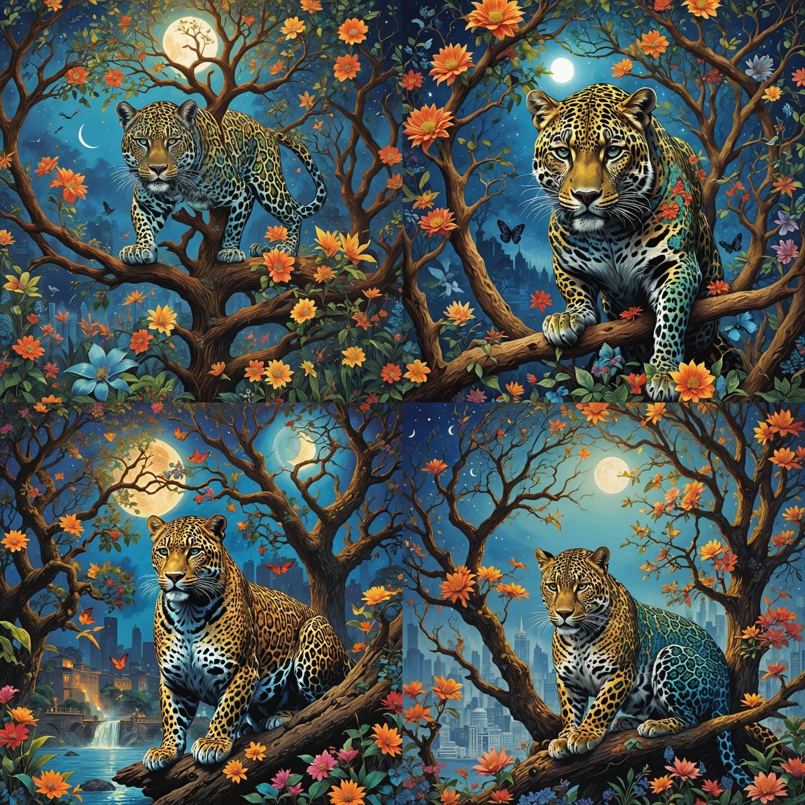 Blue Jaguar Shaman in Celestial Cityscape