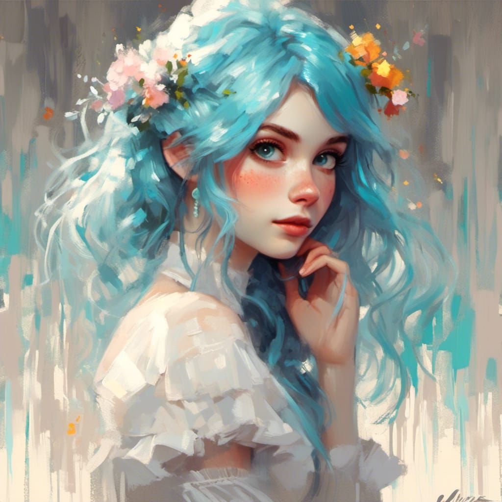 Cyan-Haired Ginny Di: A Digital Brushstroke Portrait