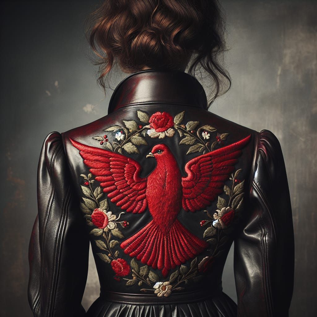 Antique Woman in Vintage Black Leather Coat with Red Dove Em...
