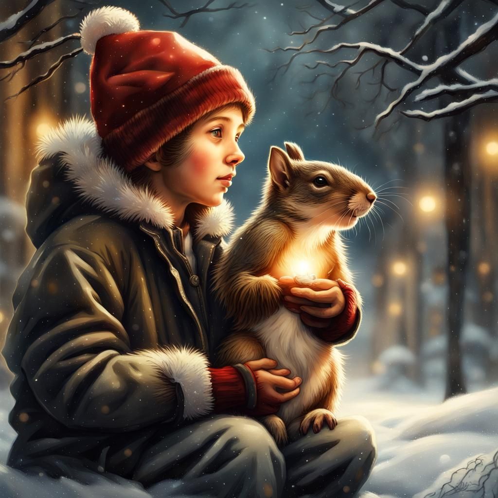 Boy and Squirrel in Winter Fantasy Art