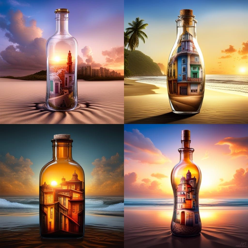 Brazilian "favela" houses inside a transparent bottle, lying on the sand of a beach at sunset. centered symmetrical HD q...
