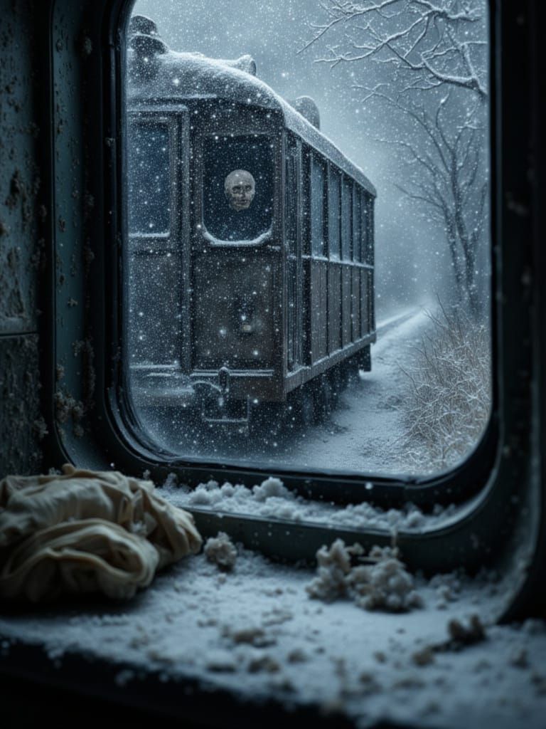 Zombie Face at Train Window in Snowstorm