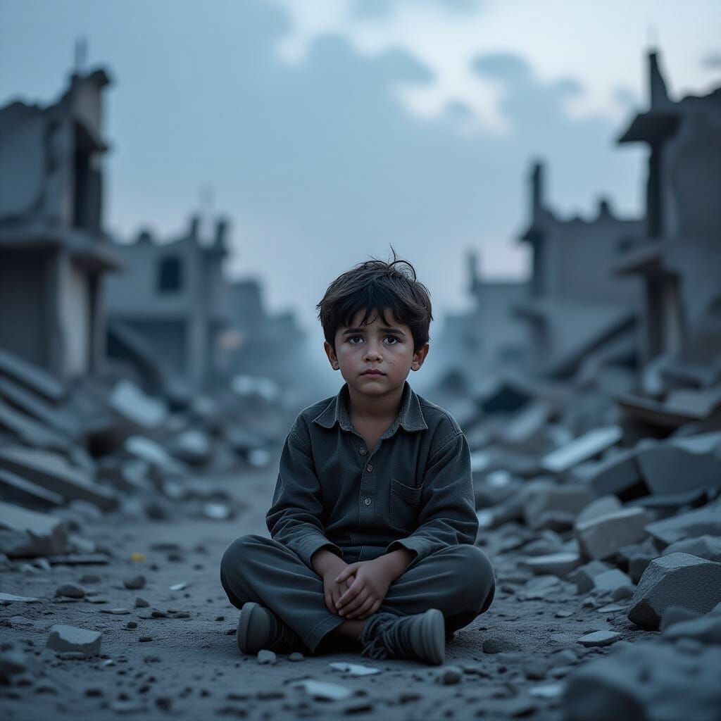 Child Survivor in War-Torn Cityscape