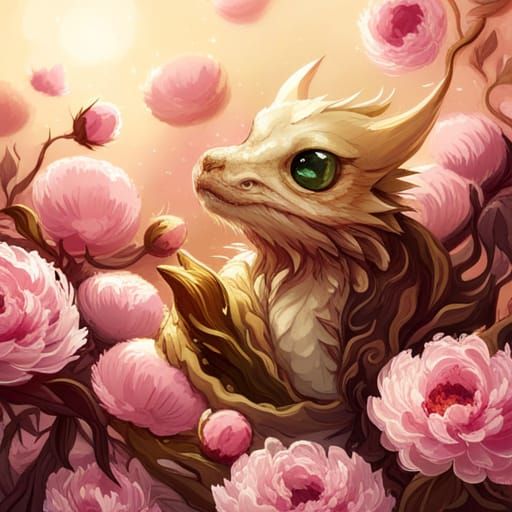 Adorable Gold Dragon with Peonies in Hyperrealistic Style