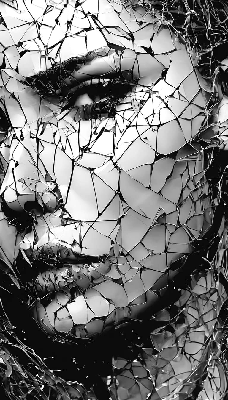 Monochrome Portrait of Survivor with Cracked Glass Texture