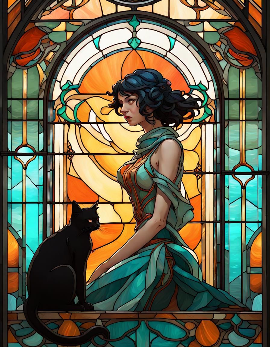 Art Nouveau Stained Glass Window with Girl and Cat
