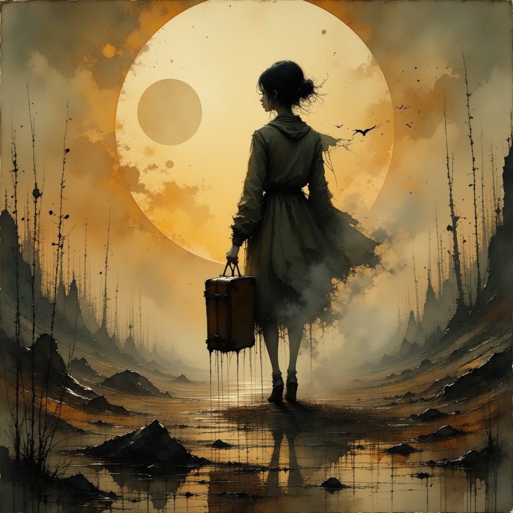 Lone Figure in Bleak Alien Landscape with Suitcase