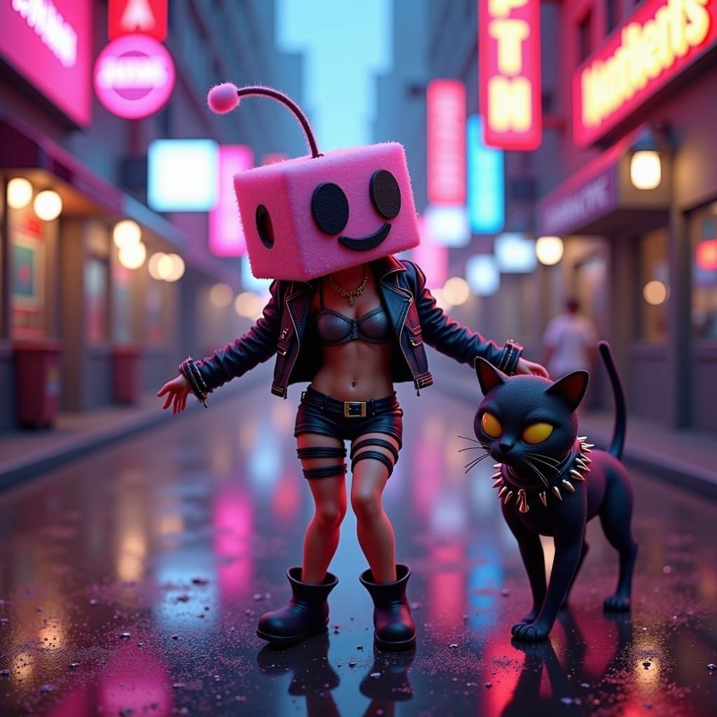Punk Marshmallow Dances in Dreamlike Cityscape