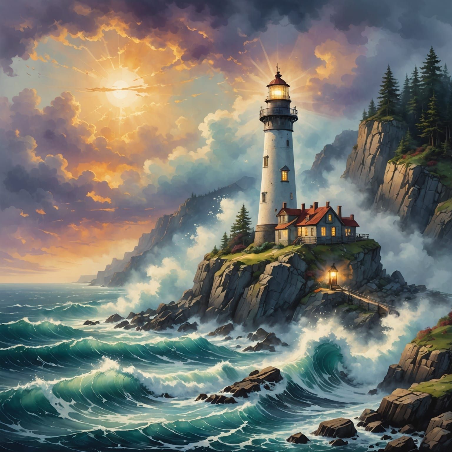 Lighthouse Beacon in Fog, Watercolor Painting