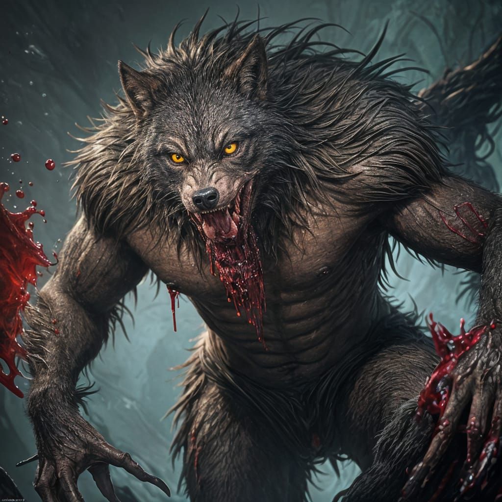 Hyperrealistic Werewolf Dripping with Blood and Bile