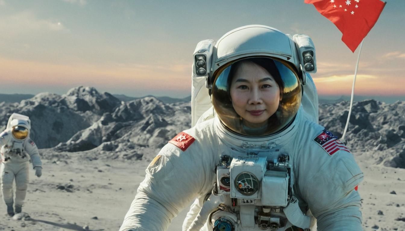 Astronaut Walks on Moon with Singapore Flag