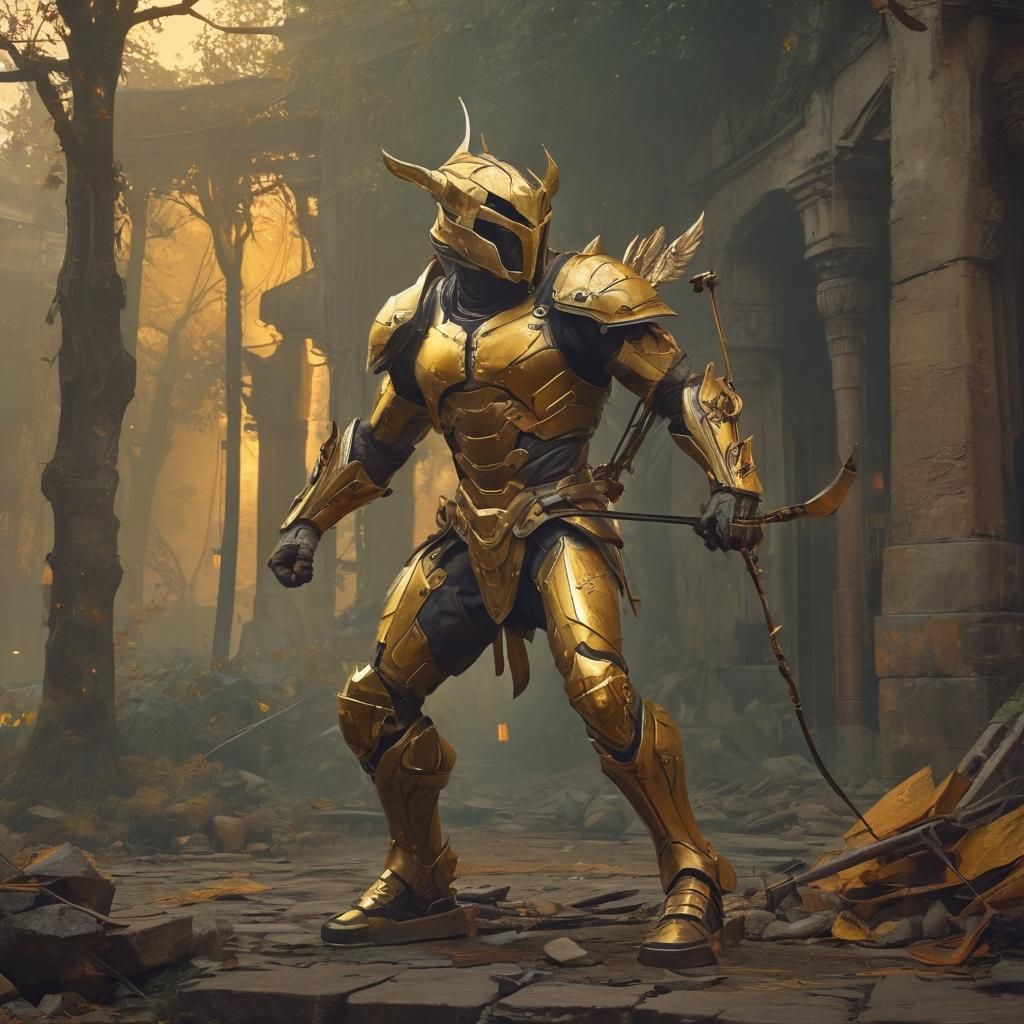 Mythical magic warrior archer Centaure, half man half horse, in a powerful jumping stance stands amidst ruins in yellow ...