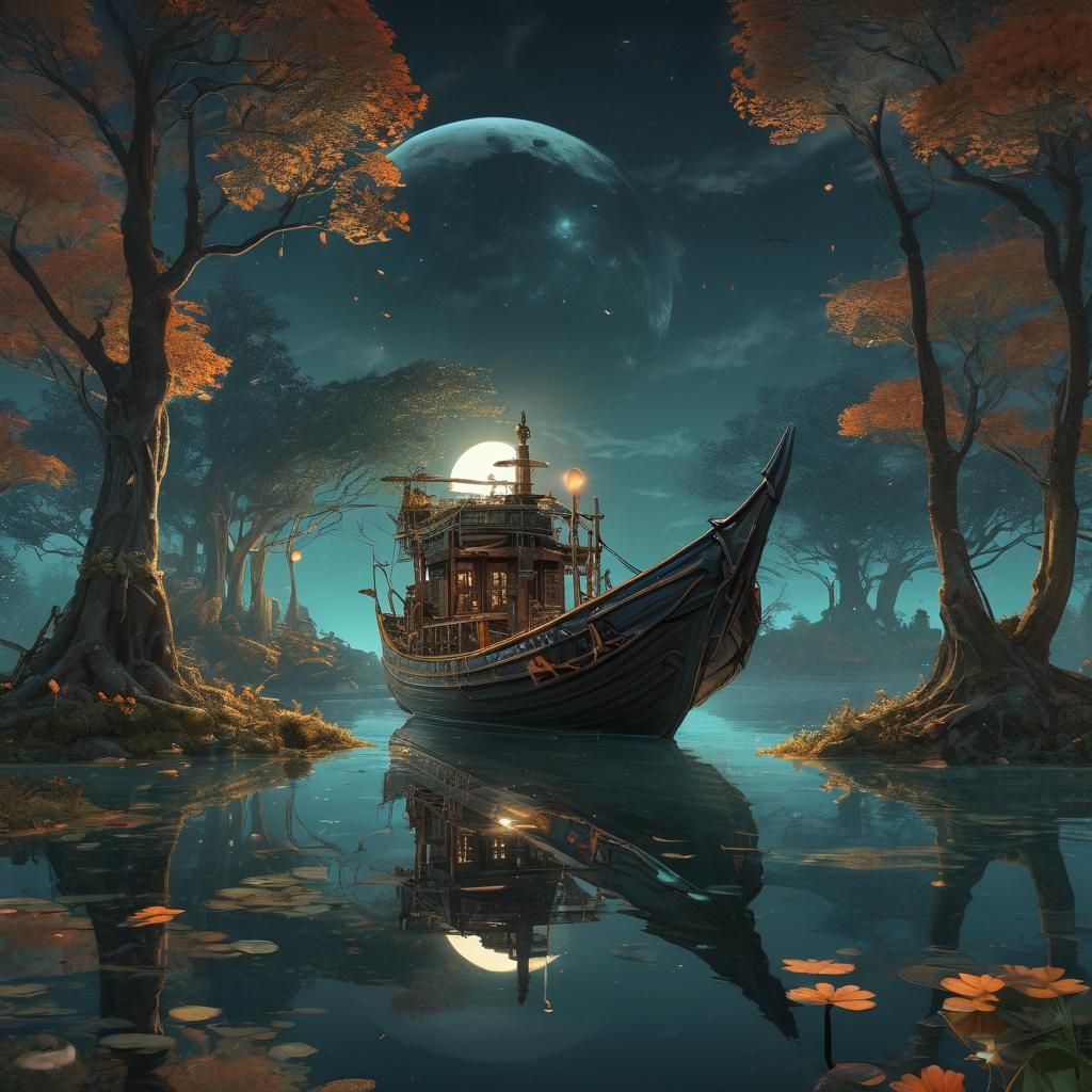 Glowing Moon Boat with Heron in Art Nouveau Style