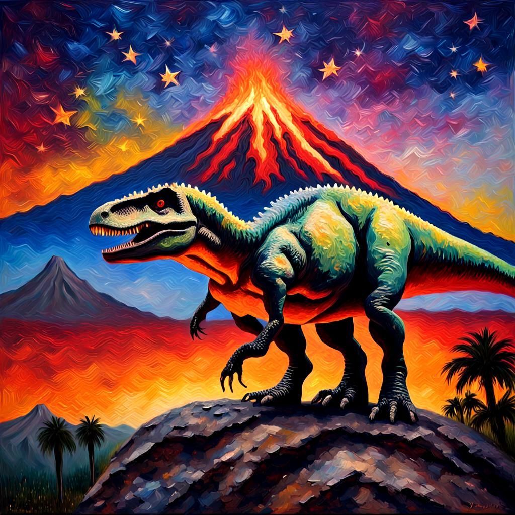 Gigantosaurus Dinosaur Under Starry Sky, Impasto Oil Paintin...
