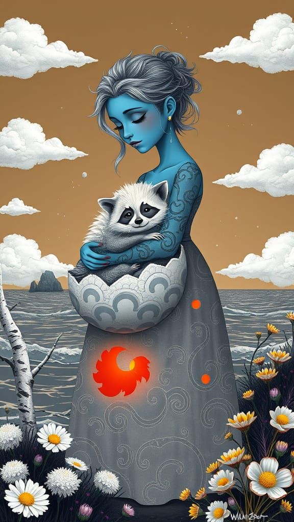 Whimsical Fantasy Scene in Monochrome Black and White