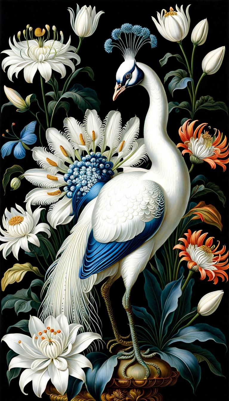 White Peacock with Lilies as Detailed Painting
