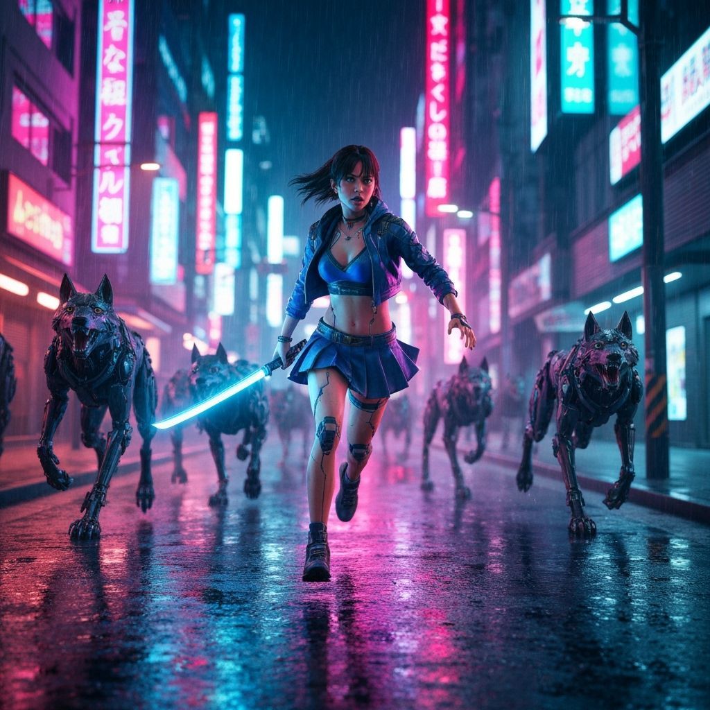 Cyberpunk Woman Flees Cyber Wolves in Neon Tokyo