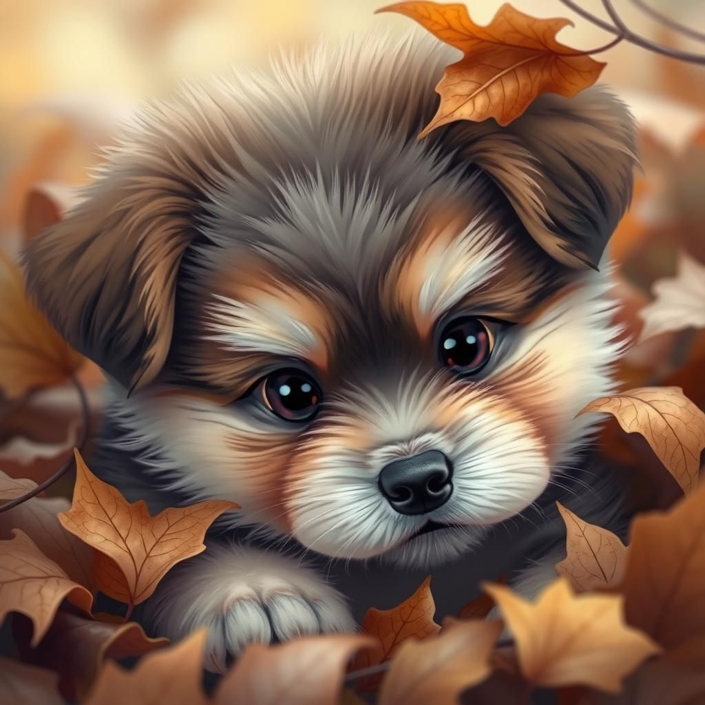 Adorable Puppy Hiding in Autumn Leaves