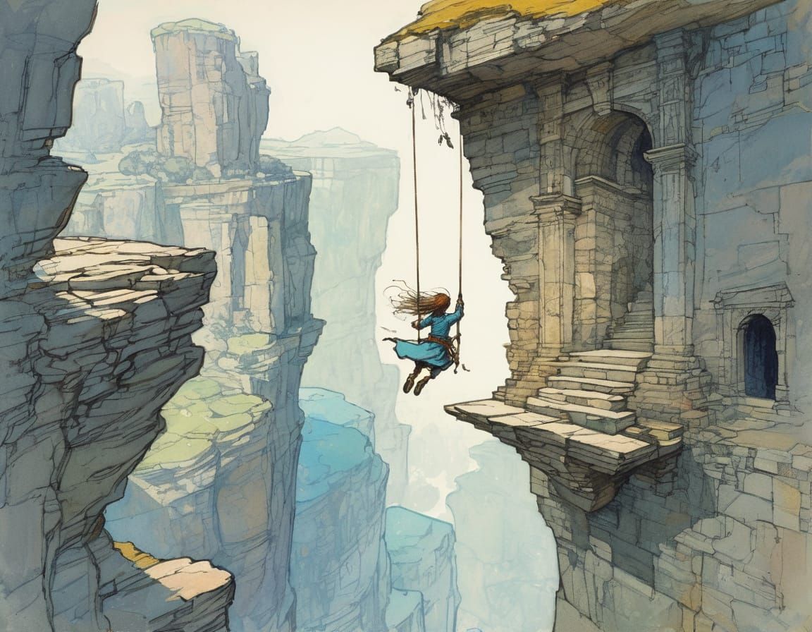 Adventurer Reaching Crumbling Ruins in Triadic Colors