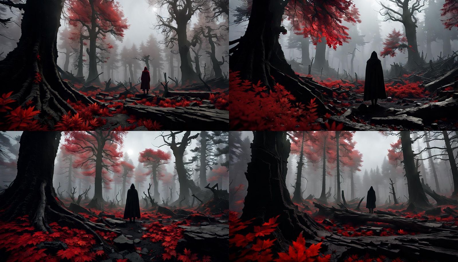Hooded Figure in Petrified Forest with Red Leaves