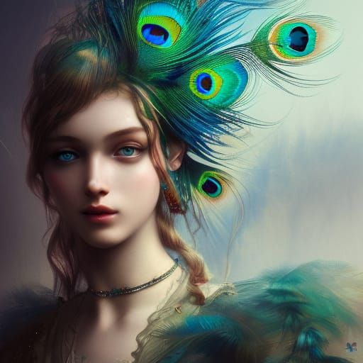 Girl with peacock feathers on head beautiful face Renaissance