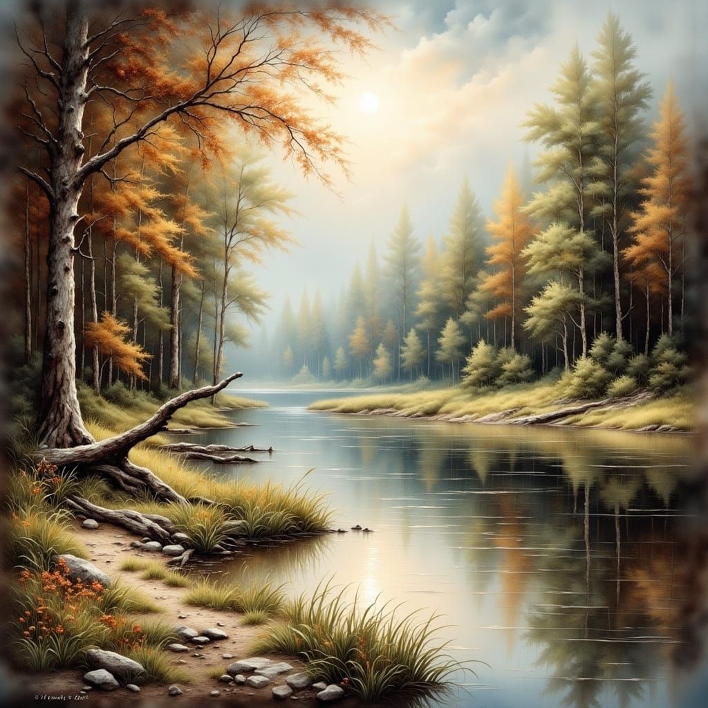 A Gentle Riverbank Scene in Vintage Watercolor Style