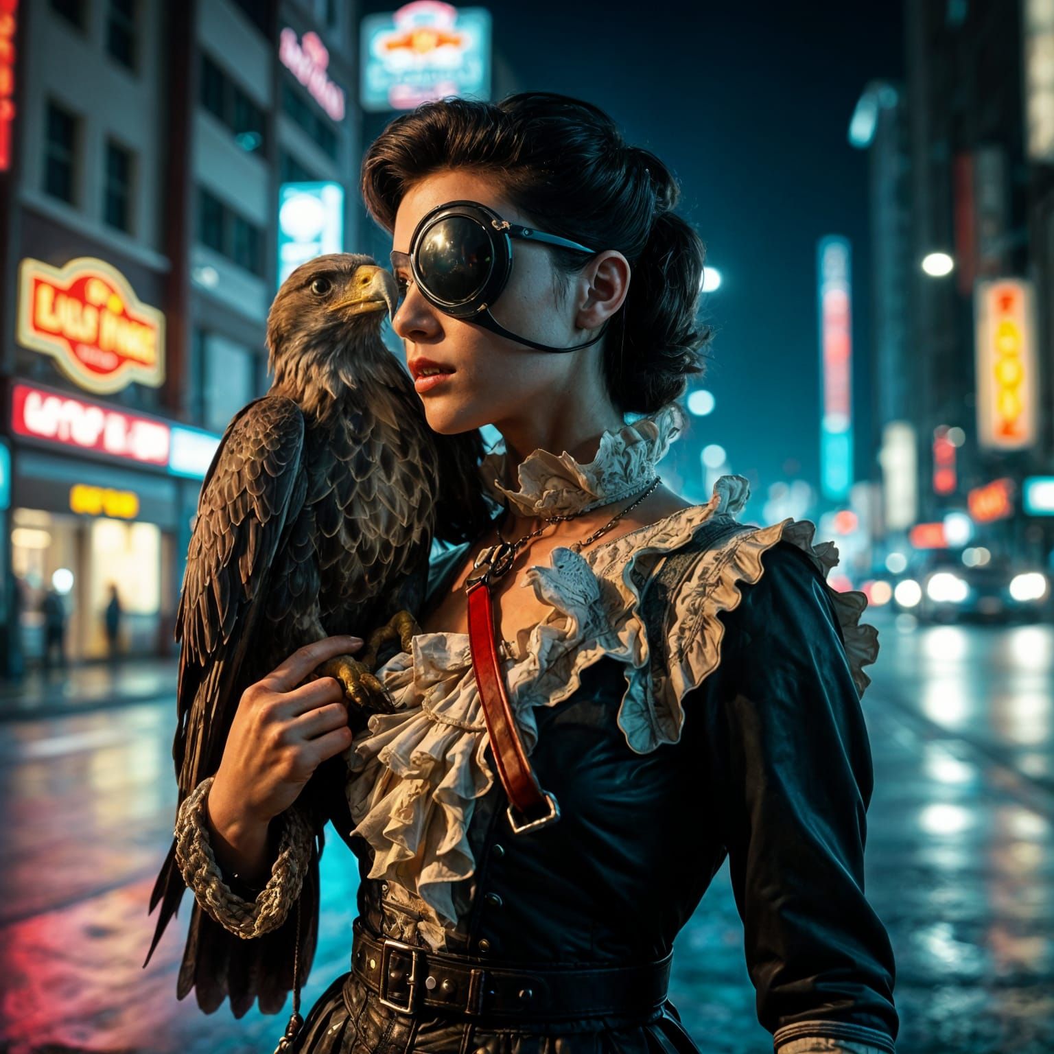 Victorian Android with Eagle in Neon Cityscape