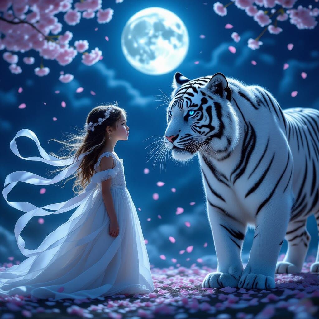 Ethereal Girl and White Tiger Under Full Moon