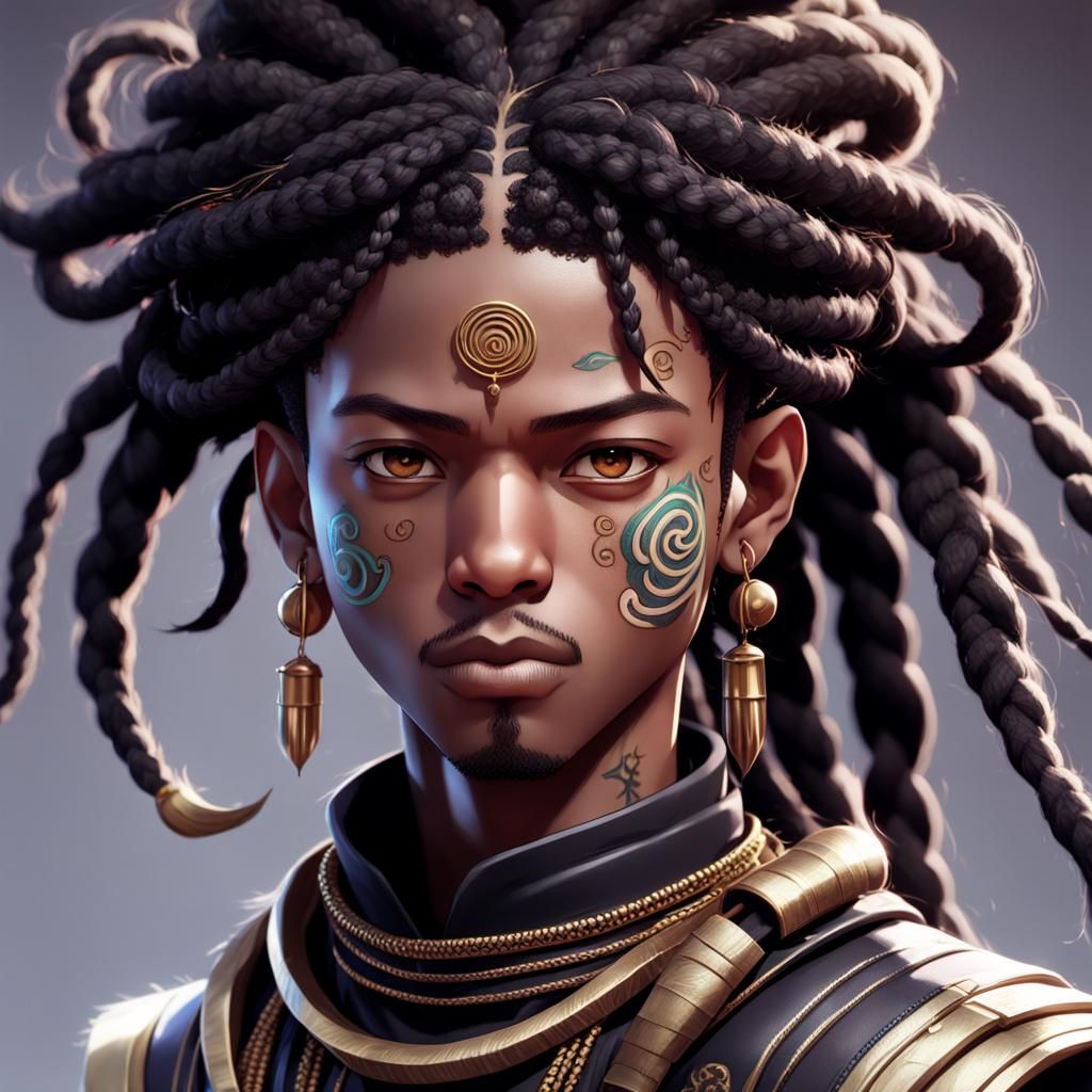 Anime Portrait: Braided Afro, Tribal Tattoos, 3D Render