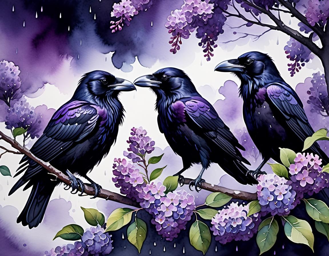 Ravens in Lilac Tree: Moody Watercolour Painting