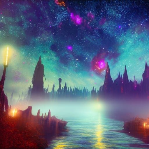 Colorful Starry Night Sky in Detailed Matte Painting