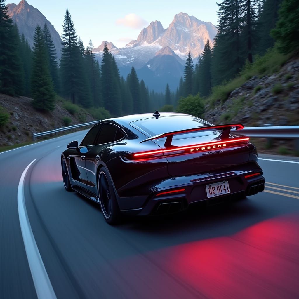 Porsche Taycan in Cyberpunk Style on Mountain Road