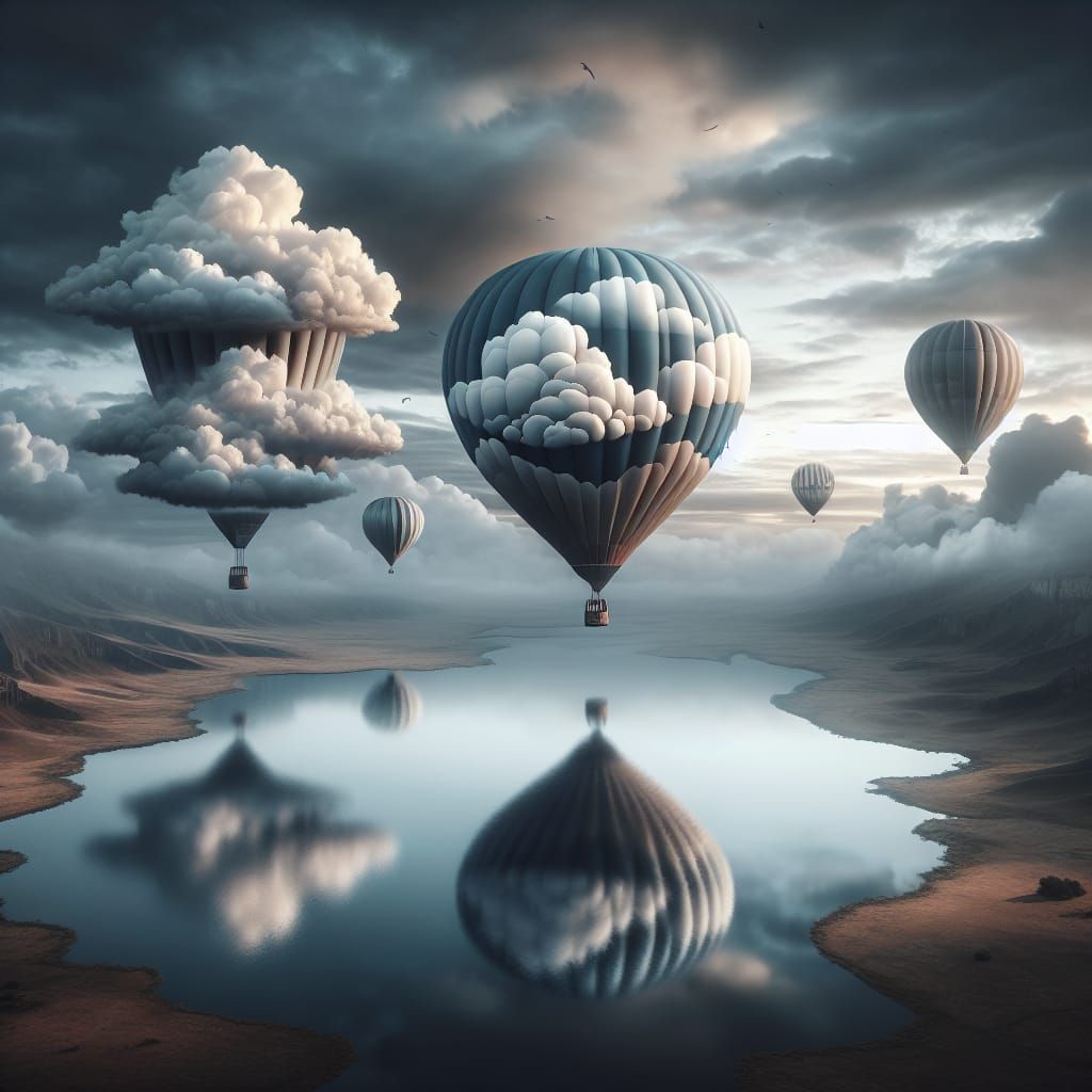 Three Hot air balloons, largest one in foreground, with a pa...