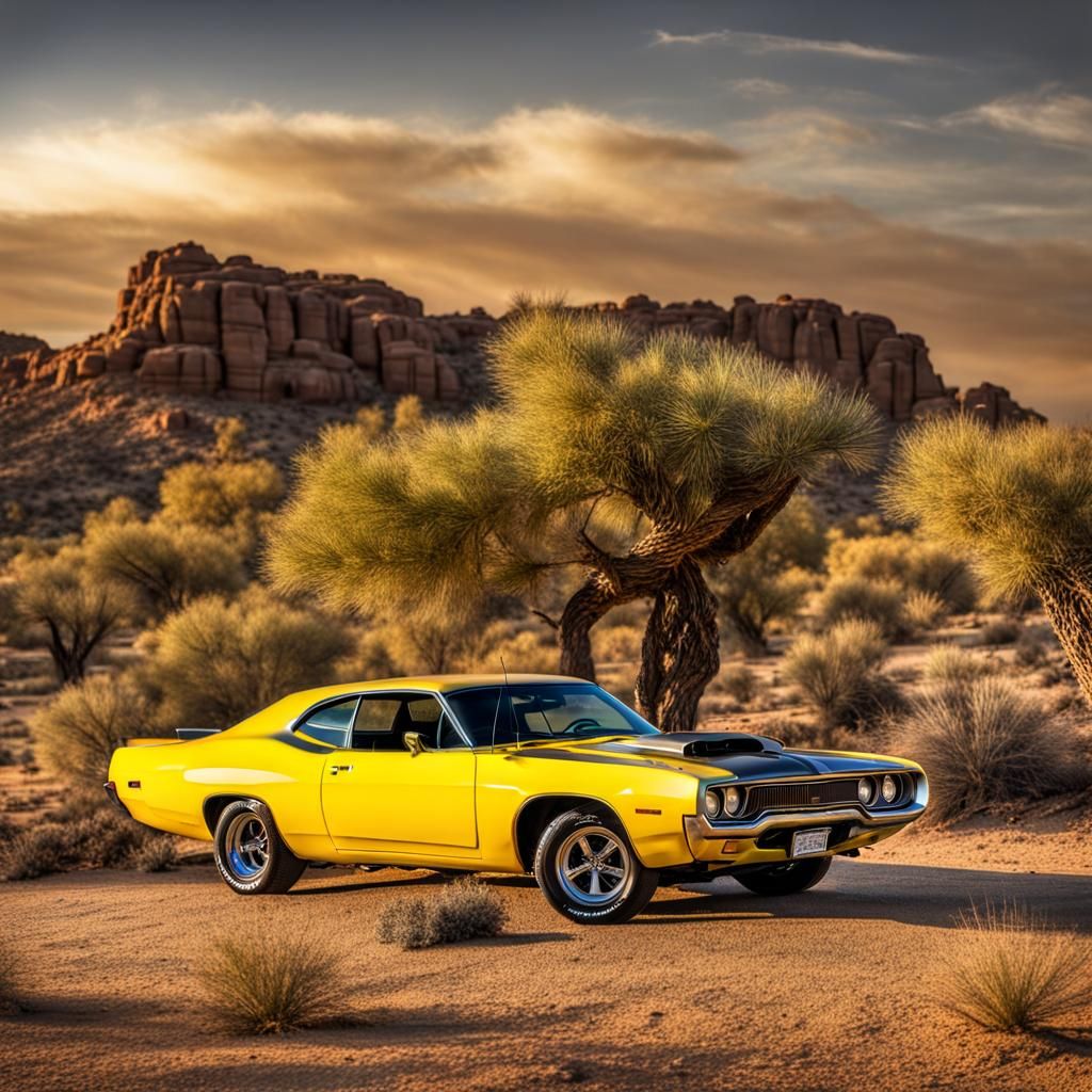 Yellow 1971 Plymouth Roadrunner in Desert